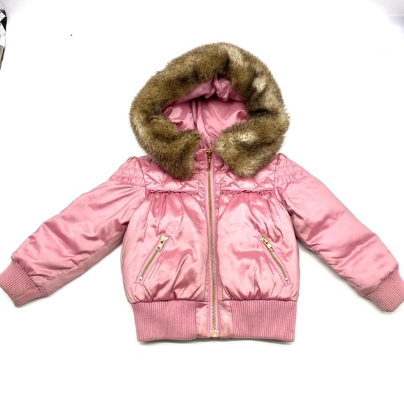 JUICY COUTURE Pink Satin Jacket with Faux Fur Hood Zipper Pockets Kids Size 4